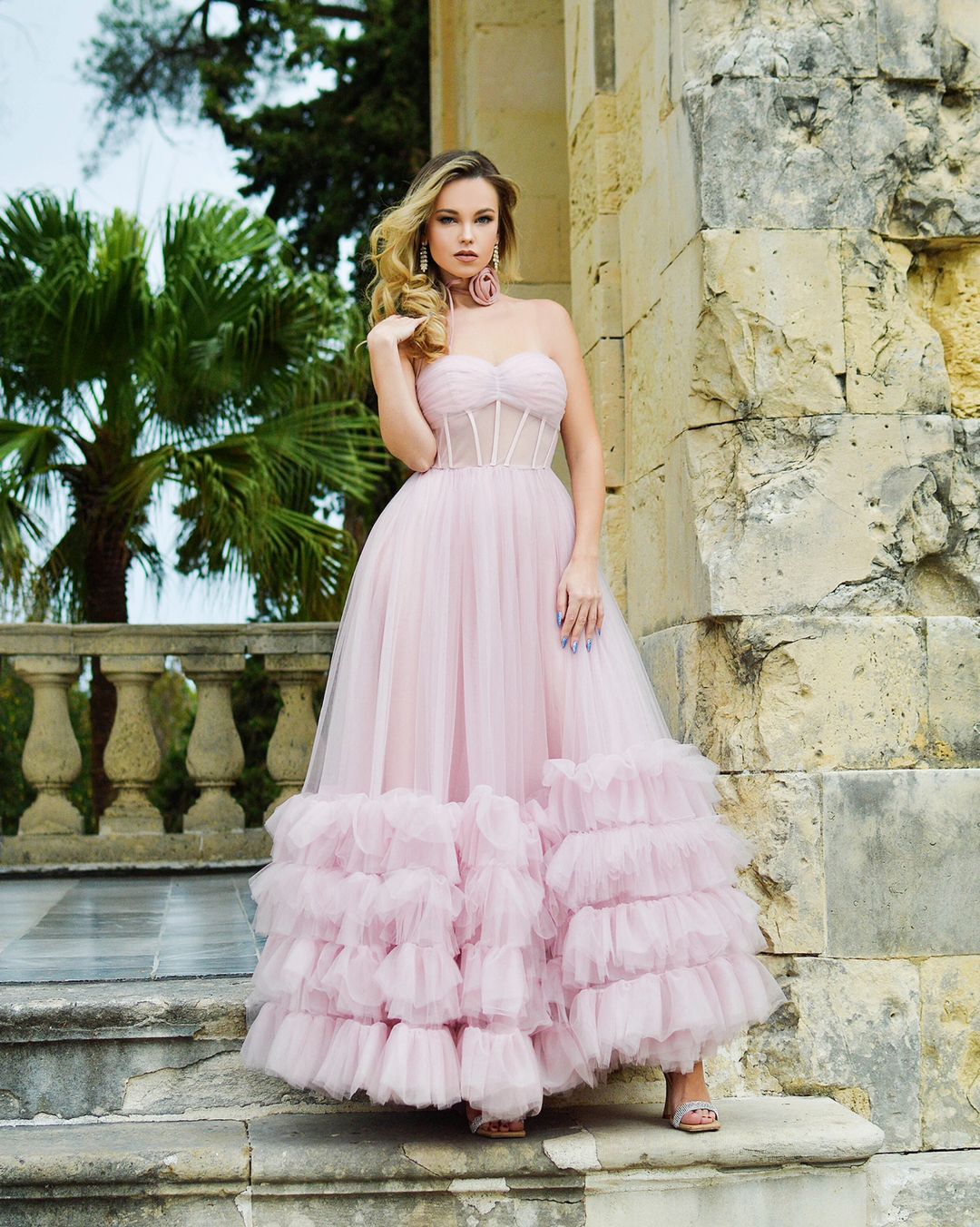 A-line Corset Strapless Tulle Prom Dress with Ruffles – YOYOCAMP