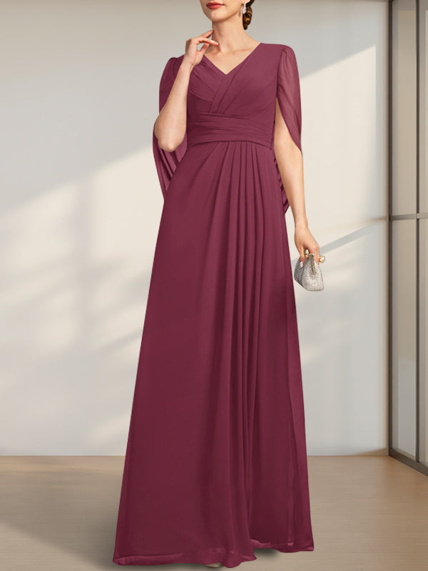 A-Linie V-Ausschnitt Bodenlang Chiffon Kleid für die Brautmutter mit Plissee