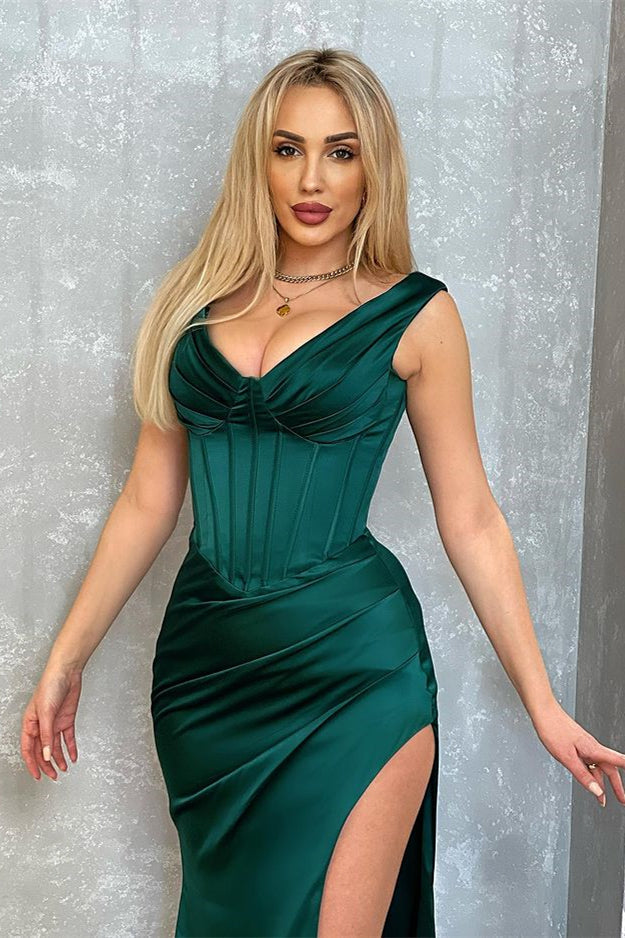 Vestido de noche largo verde oscuro de sirena, escote en V, satén, sin mangas y con abertura