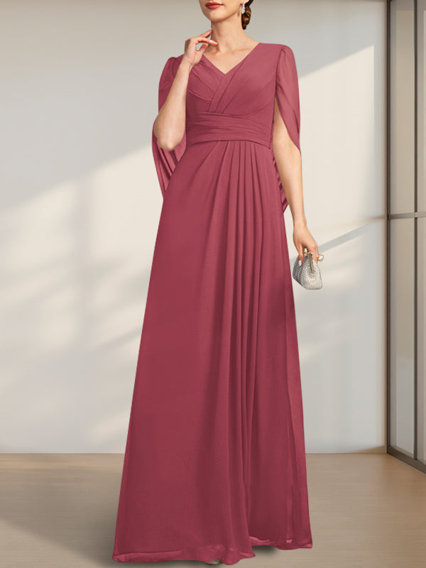 A-Linie V-Ausschnitt Bodenlang Chiffon Kleid für die Brautmutter mit Plissee