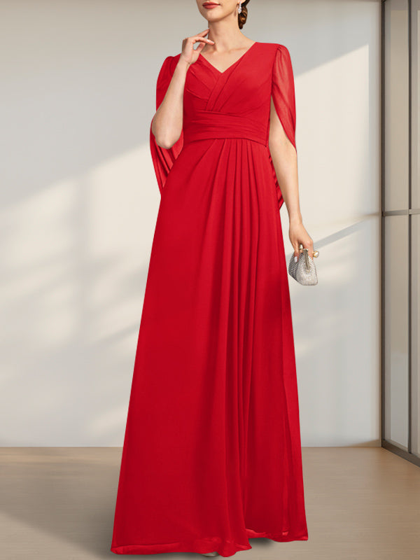 A-Linie V-Ausschnitt Bodenlang Chiffon Kleid für die Brautmutter mit Plissee