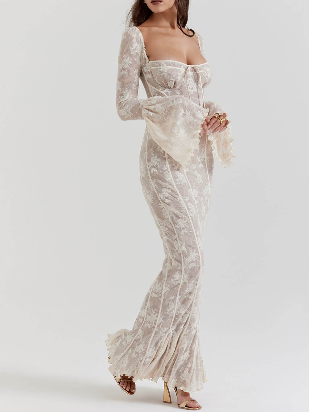 Vintage Creme Spitzen Maxikleid