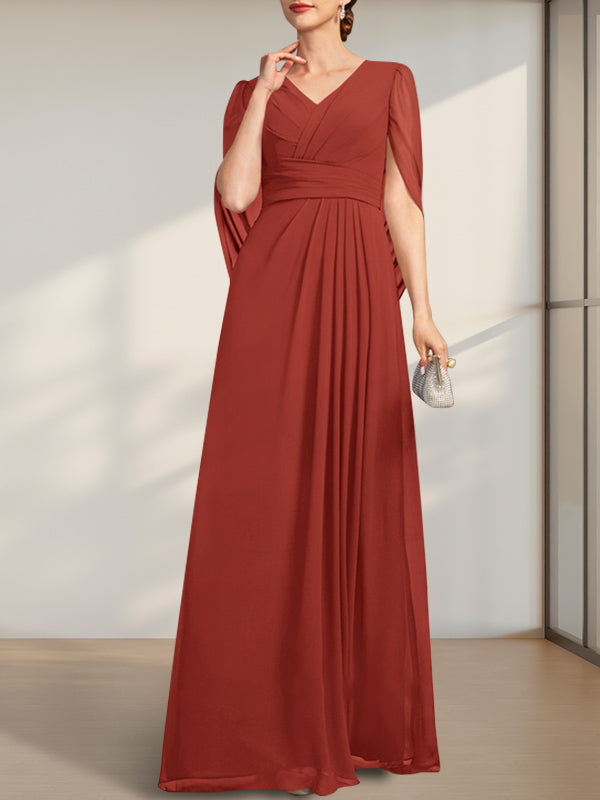 A-Linie V-Ausschnitt Bodenlang Chiffon Kleid für die Brautmutter mit Plissee