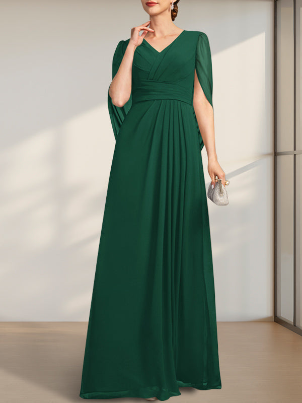 A-Linie V-Ausschnitt Bodenlang Chiffon Kleid für die Brautmutter mit Plissee