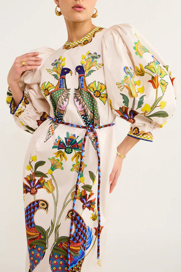 Garden Party – Unique Heaven – Lockeres Midikleid mit Puffärmeln und Vogelprint