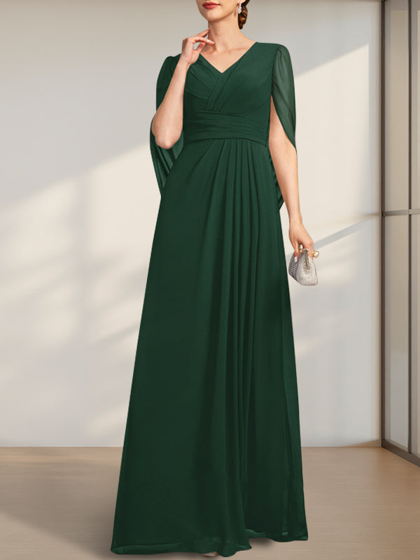 A-Linie V-Ausschnitt Bodenlang Chiffon Kleid für die Brautmutter mit Plissee