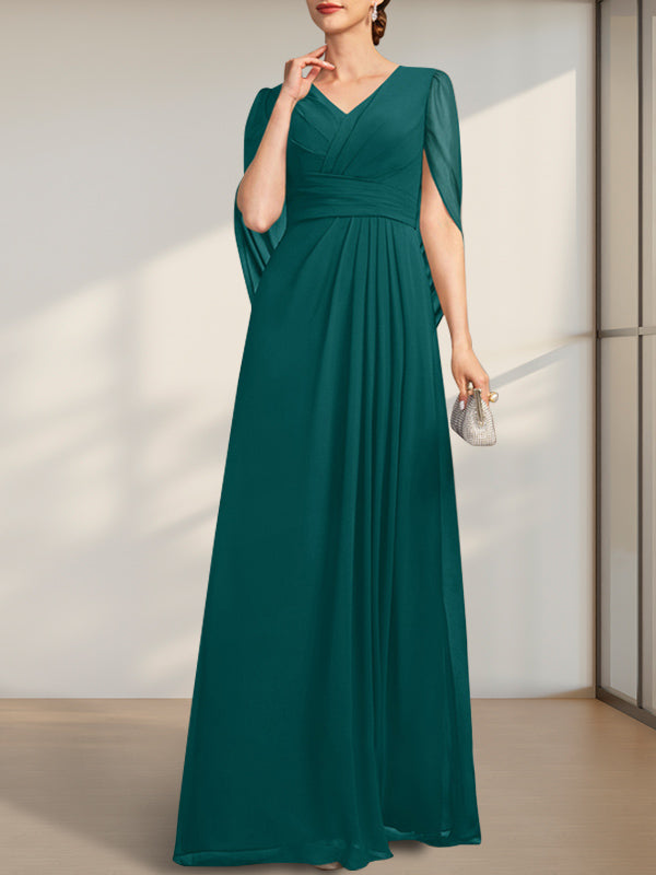 A-Linie V-Ausschnitt Bodenlang Chiffon Kleid für die Brautmutter mit Plissee