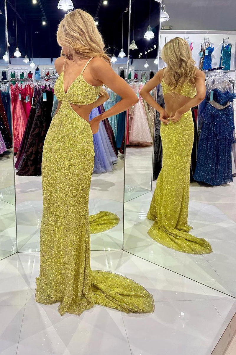 Vestidos de fiesta largos con escote en V profundo y lentejuelas verde mostaza
