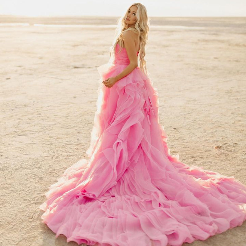 Elegant Pink Petal Ruffle Prom Party Dresses Long Strapless Bridal Photography Dress Beach Boho Maternity Photo Shoot Gowns