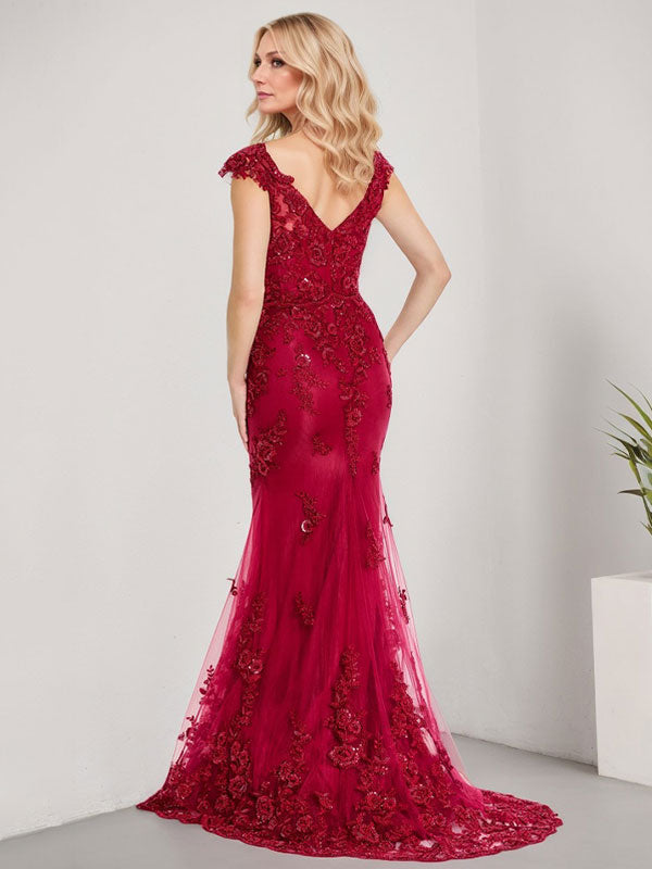 A-Linie V-Ausschnitt Bodenlang Spitze Chiffon Mutter der Braut Kleid Mit Applikation Pailletten Meerjungfrau Kleider