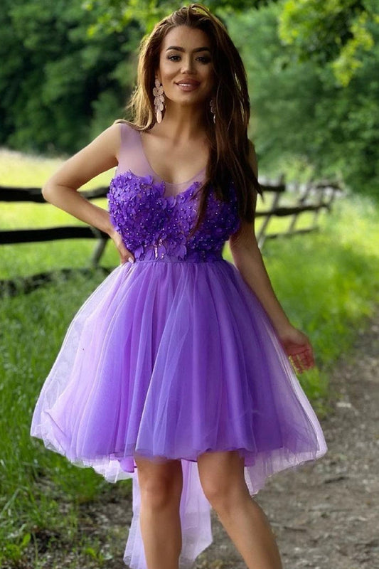 Vestido de fiesta de tul con escote ilusión y corte en A