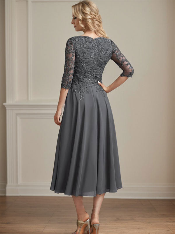 A-Linie, V-Ausschnitt, knielang, Chiffon, Spitze, Kleid für die Brautmutter mit Perlen und Pailletten