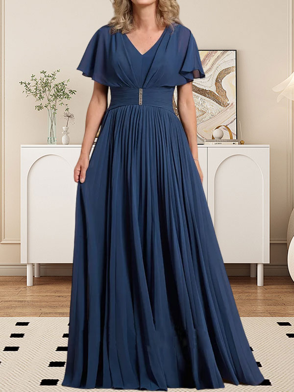 A-Linie V-Ausschnitt Bodenlang Chiffon Mutter der Braut Kleid Mit Kristall Brosche Plissee