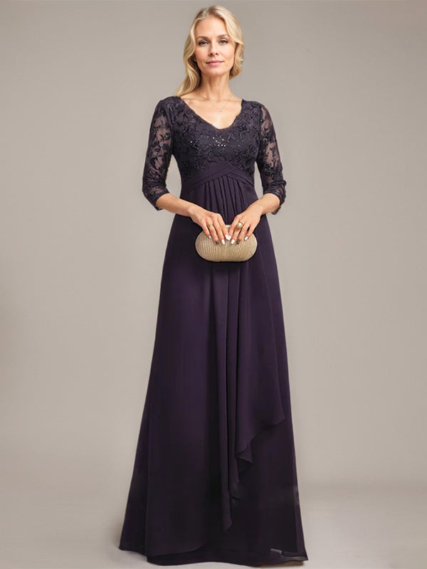 A-Linie, V-Ausschnitt, bodenlanges Chiffon-Kleid für die Brautmutter mit kaskadierenden Rüschen und Pailletten
