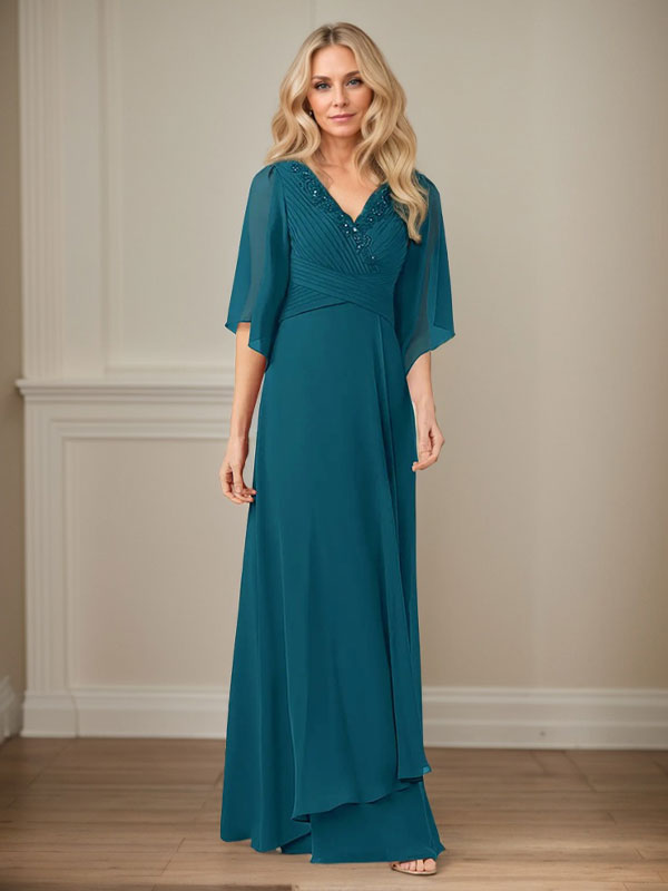 A-Linie V-Ausschnitt Lange Pailletten Chiffon Mutterkleid