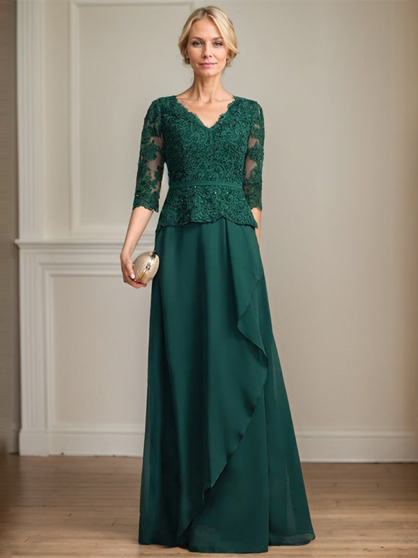 A-Linie, V-Ausschnitt, bodenlanges Chiffon-Kleid für die Brautmutter mit kaskadierenden Rüschen und Pailletten