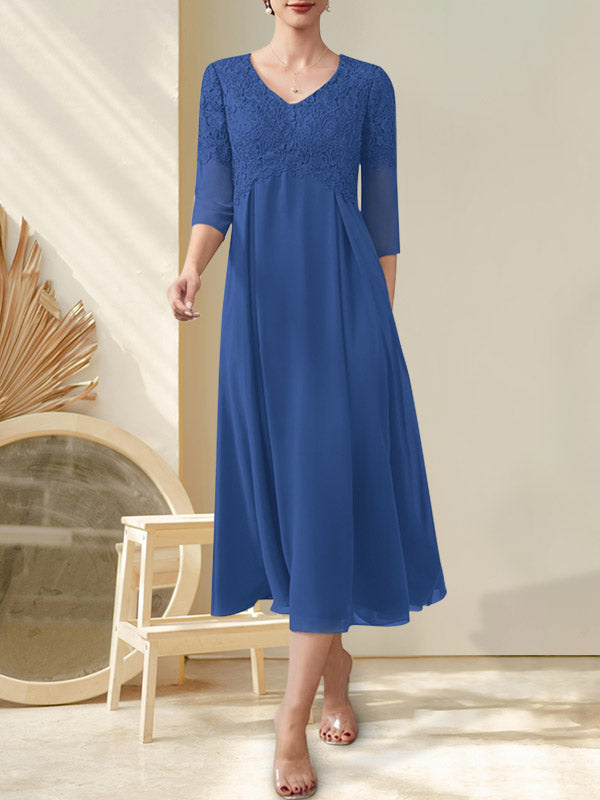 A-Linie V-Ausschnitt Wadenlang Chiffon Spitze Kleid für die Brautmutter mit Perlenbesatz