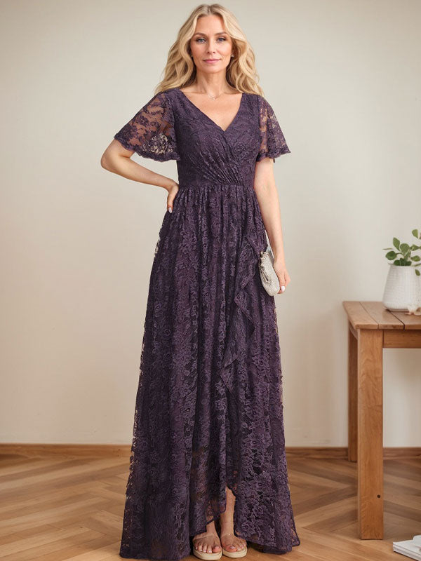 A-Linien-Kleid mit V-Ausschnitt, asymmetrischer Spitze für die Brautmutter mit kaskadierenden Rüschen