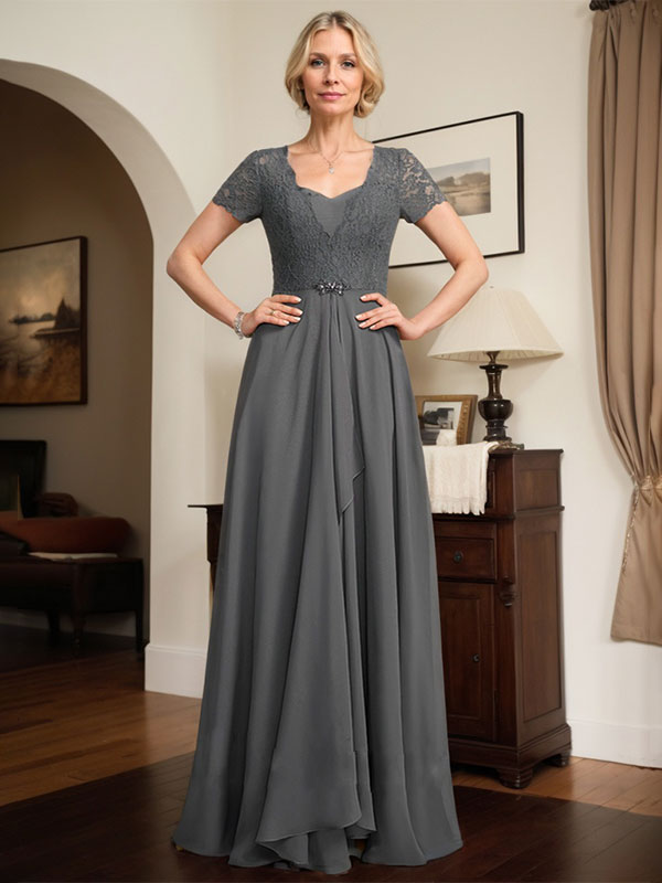 A-Linie, Herzausschnitt, bodenlang, Chiffon, Spitze, Kleid für die Brautmutter mit Perlenbesatz, kaskadierenden Rüschen