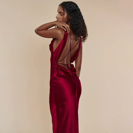 Vestido de cóctel de noche para mujer, vestido largo sexy con cuello halter y espalda descubierta con cordones