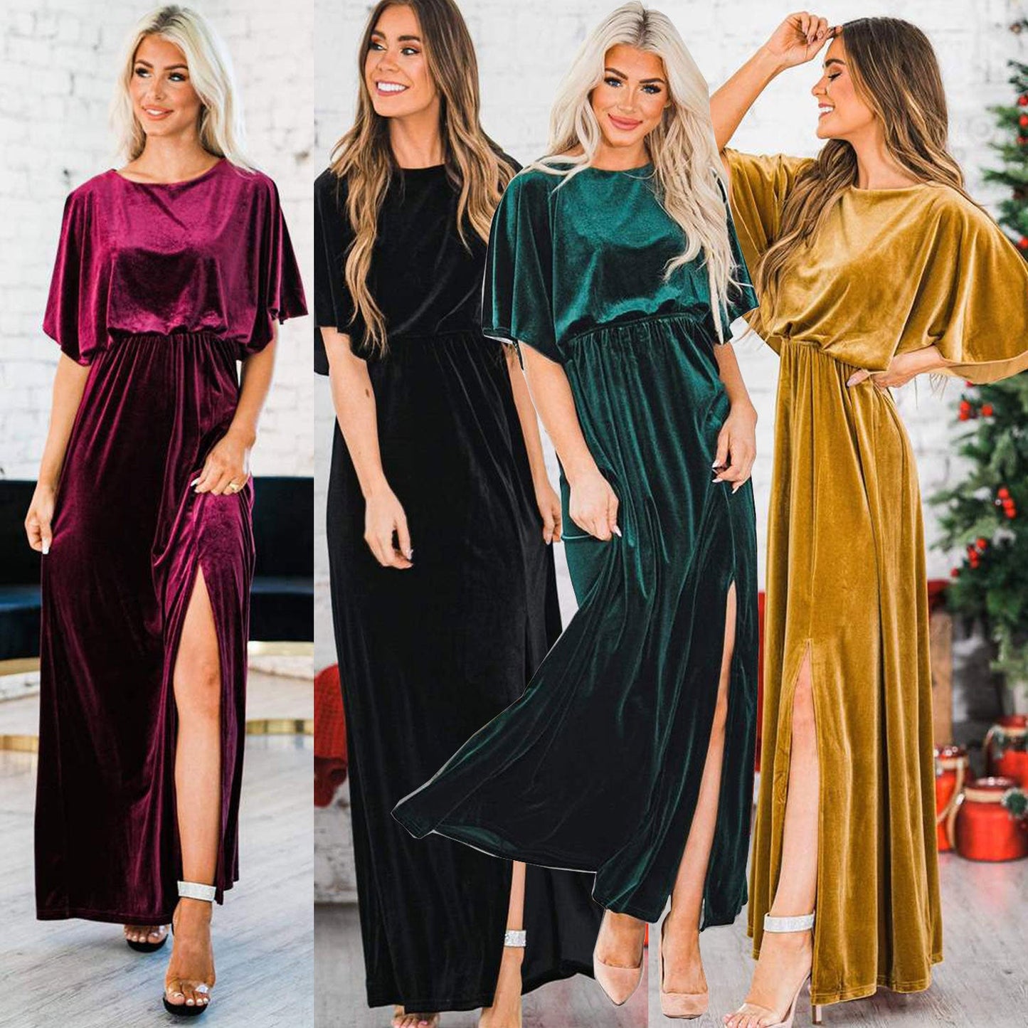 Damenbekleidung Frühling Sommer Sexy Elegantes Kleid Gold Samt Rundhalsausschnitt Hochgeschlitztes Abendkleid für Damen