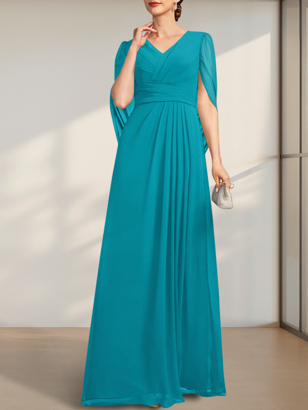 A-Linie V-Ausschnitt Bodenlang Chiffon Kleid für die Brautmutter mit Plissee
