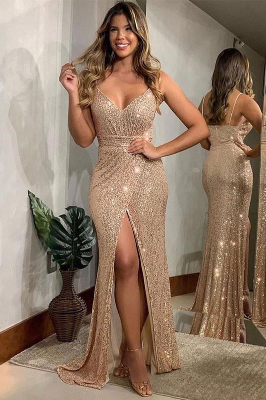 Spaghetti Straps Open Back Split Front Mermaid Prom Dress with Sequins