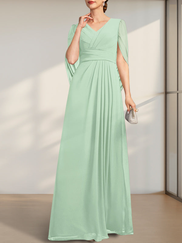A-Linie V-Ausschnitt Bodenlang Chiffon Kleid für die Brautmutter mit Plissee