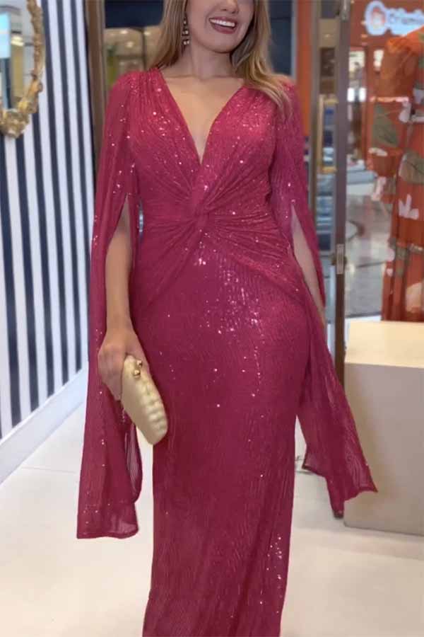 Shine Brighter – Maxi-Abendkleid mit Pailletten und Cape-Ärmeln und überkreuzter Taille