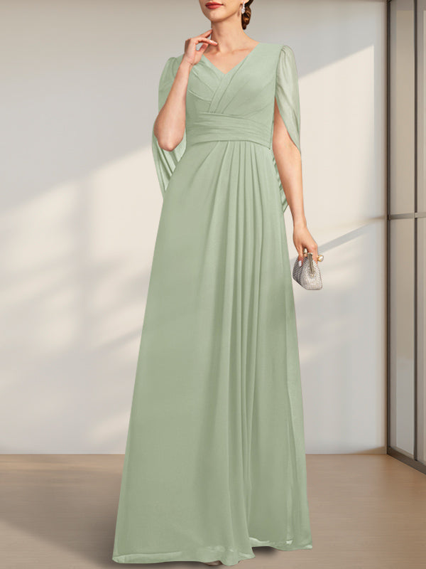A-Linie V-Ausschnitt Bodenlang Chiffon Kleid für die Brautmutter mit Plissee