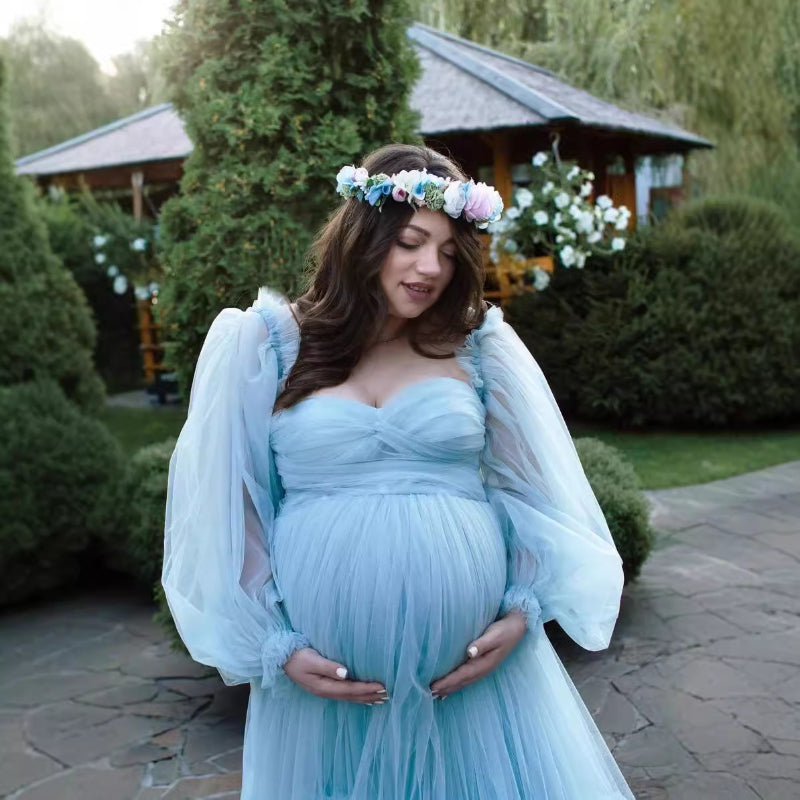 6138#Gauze skirt, big belly, photo dress, large size fluffy stitching, maternity evening dress, big skirt with sleeves dress
