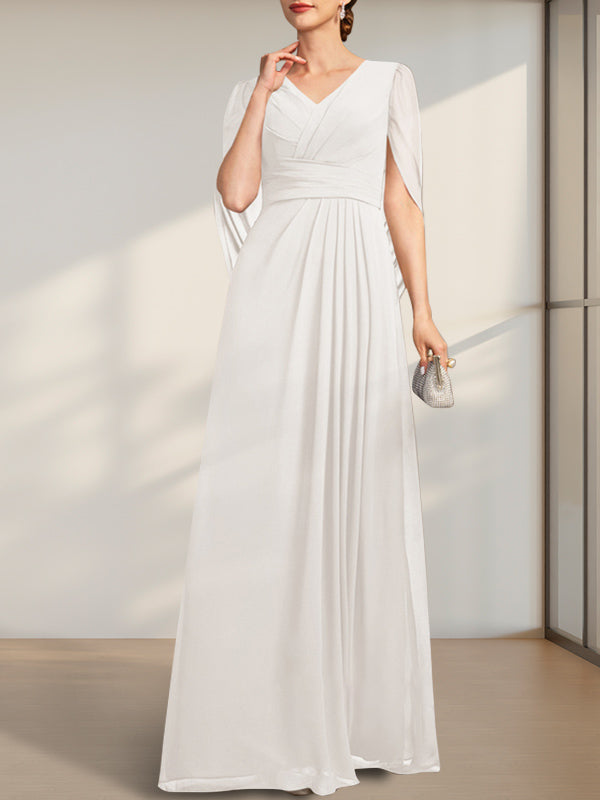 A-Linie V-Ausschnitt Bodenlang Chiffon Kleid für die Brautmutter mit Plissee