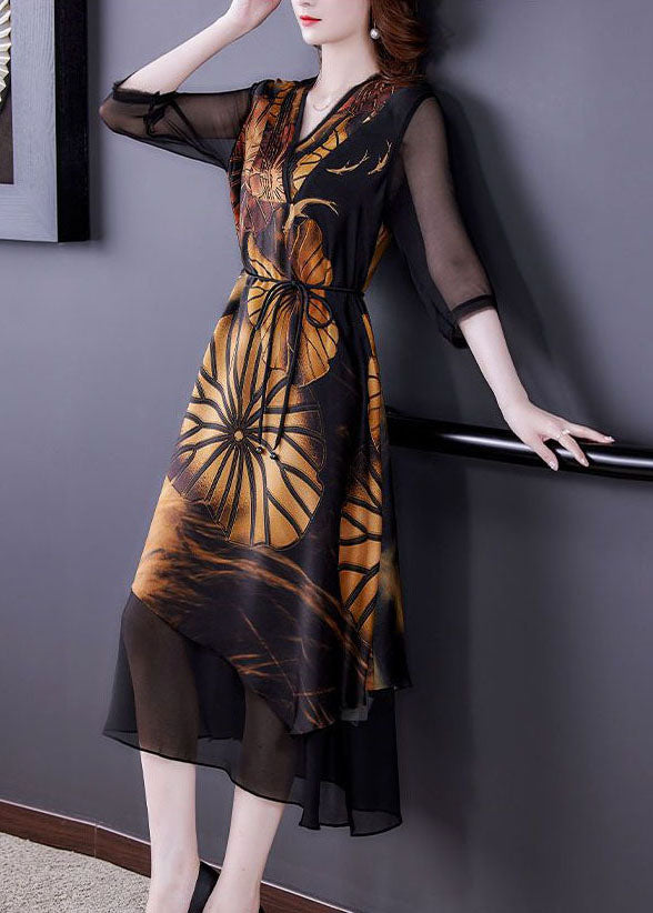 Frauen Schwarz Asymmetrische Patchwork Print Seide Kleid Sommer