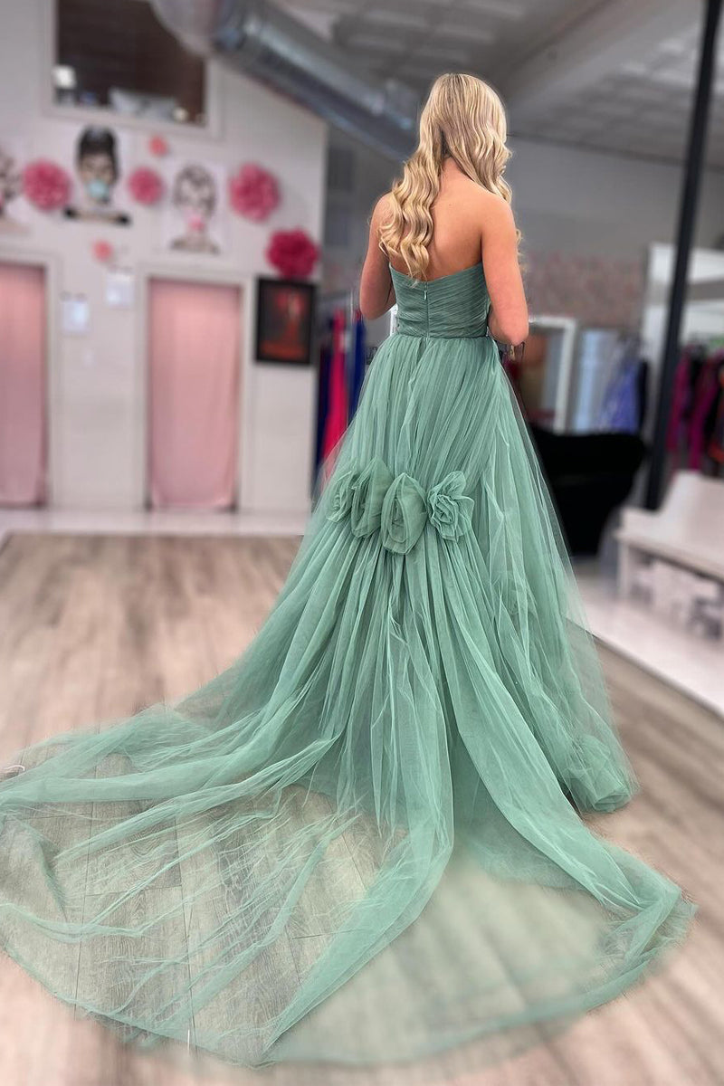 Strapless A-Line Tulle Long Prom Dresses