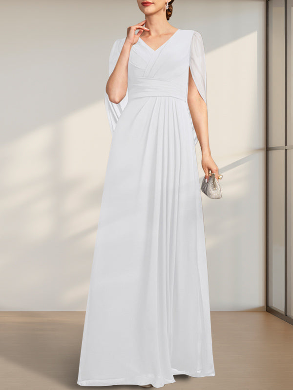 A-Linie V-Ausschnitt Bodenlang Chiffon Kleid für die Brautmutter mit Plissee