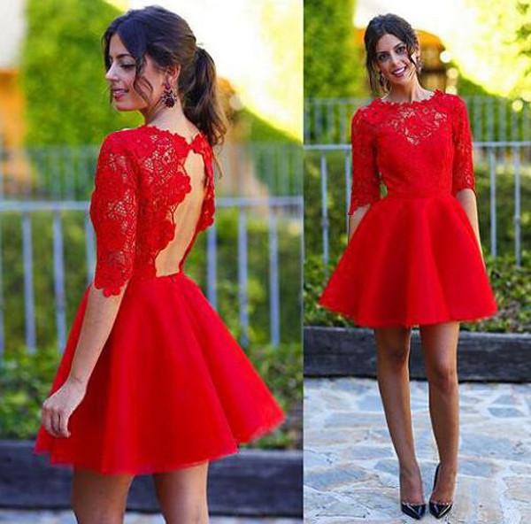 Red Half Sleeves A-line Homecoming Dress Backless Lace Short Prom Dresses