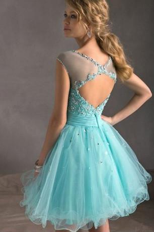Blaues Tiffany Tüll-Spitzen-Heimkehrkleid, perfekte kurze Ballkleider