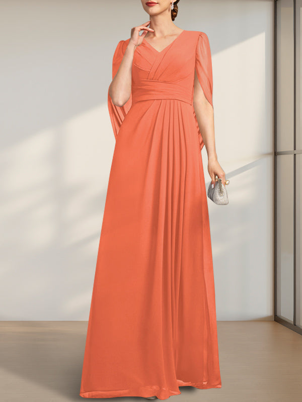 A-Linie V-Ausschnitt Bodenlang Chiffon Kleid für die Brautmutter mit Plissee
