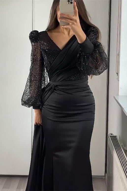 Vestidos de fiesta de sirena de satén con escote en V y mangas largas con abertura