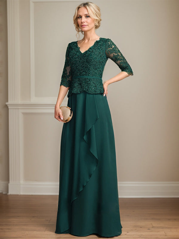 A-Linie, V-Ausschnitt, bodenlanges Chiffon-Kleid für die Brautmutter mit kaskadierenden Rüschen und Pailletten