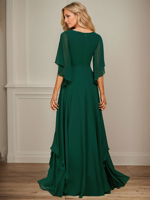 A-Linie V-Ausschnitt Bodenlang Chiffon Kleid für die Brautmutter mit Pailletten Applikationen Spitze Perlen