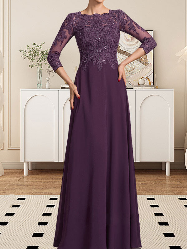 Vestido de gasa con encaje y lentejuelas para madre de la novia, corte A, largo hasta el suelo