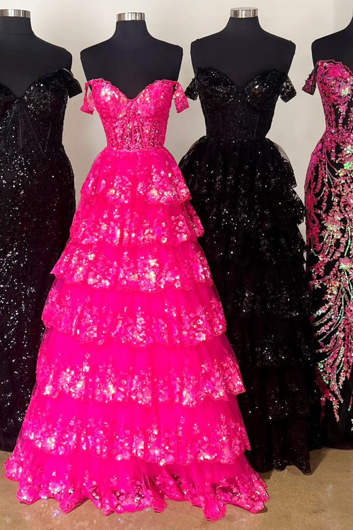 Vestido de fiesta de princesa con encaje y lentejuelas y hombros descubiertos