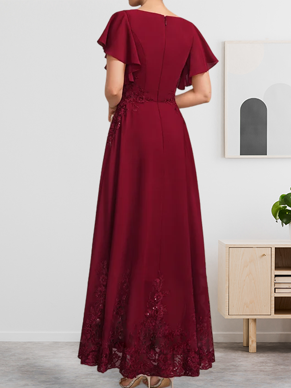 Vestido de gasa con encaje y lentejuelas para madre de la novia, corte A, escote redondo hasta los tobillos