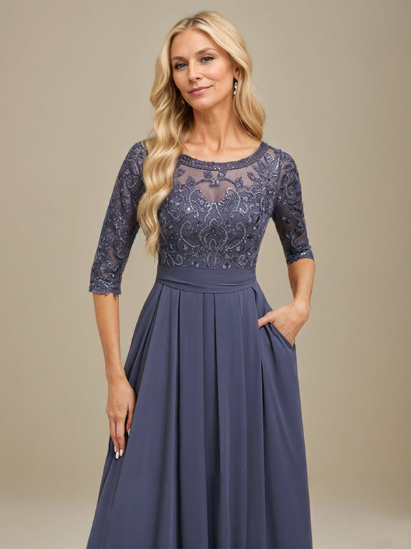 Vestido de madre de la novia de gasa con encaje, corte A, largo hasta el suelo y apliques de lentejuelas