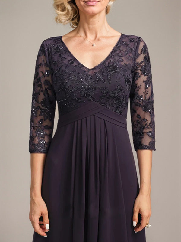 A-Linie, V-Ausschnitt, bodenlanges Chiffon-Kleid für die Brautmutter mit kaskadierenden Rüschen und Pailletten