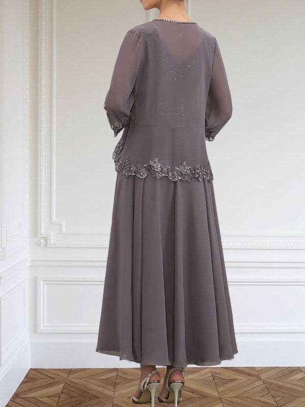 A-Linie V-Ausschnitt Knöchellang Chiffon Kleid für die Brautmutter mit Pailletten Applikationen Spitze Perlen