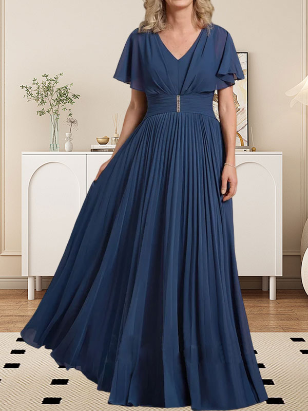 A-Linie V-Ausschnitt Bodenlang Chiffon Mutter der Braut Kleid Mit Kristall Brosche Plissee