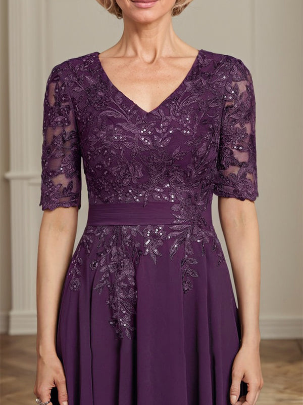A-Linie V-Ausschnitt Wadenlanges Spitzen-Chiffon-Kleid für die Brautmutter mit Pailletten