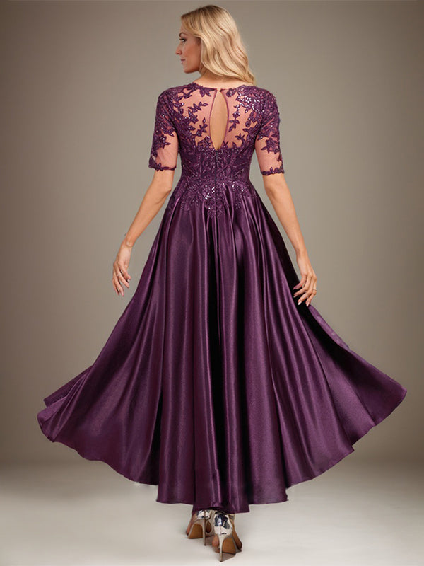 Vestido de madre de la novia de encaje satinado elástico asimétrico con ilusión de escote redondo y lentejuelas